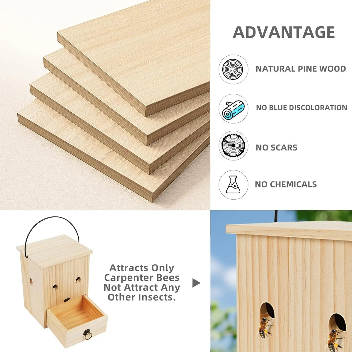 Wooden Carpenter Bee Trap – Hanging Outdoor Insect Trap Bee Trap Qme