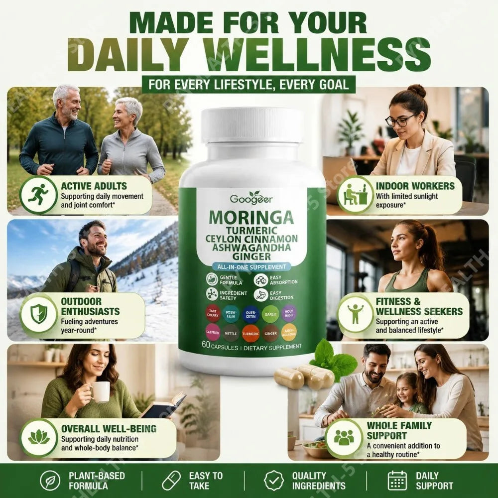 Googeer Moringa Turmeric Capsules w/ Ashwagandha & Ginger 60ct Herbal Supplement Qst