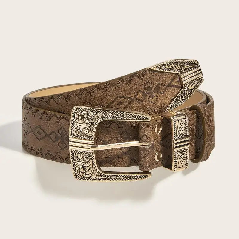 Vintage Boho Western Belt – White Stone Buckle Embossed Leather Boho Leather Belt Qst A4