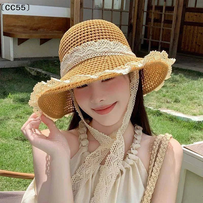 Women's Wide Brim Lace Straw Hat – Bohemian Beach Sun Cap Straw Sun Hat Qst