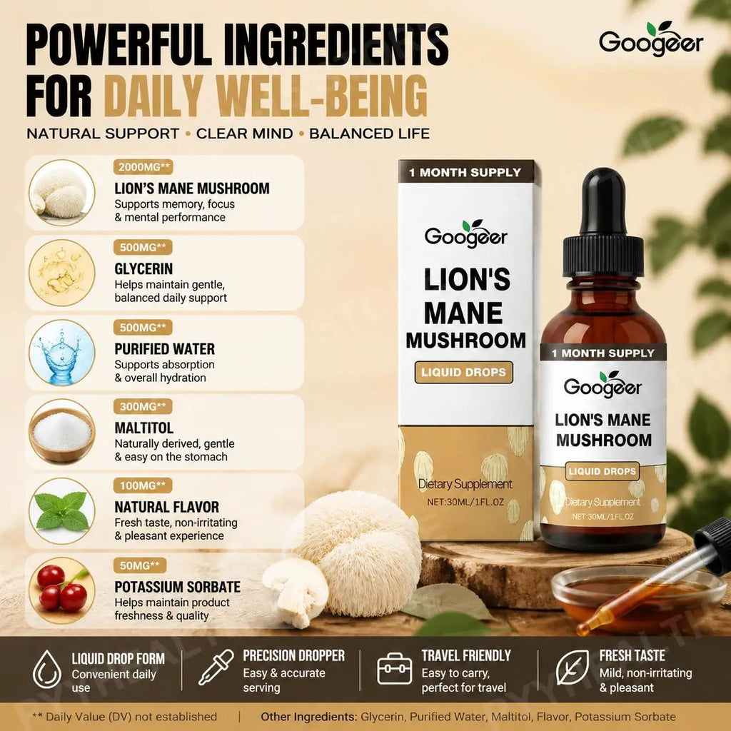 Lion's Mane Mushroom Liquid Drops 30ml – Vegan Non-GMO Extract Herbal Supplement Drops Qst
