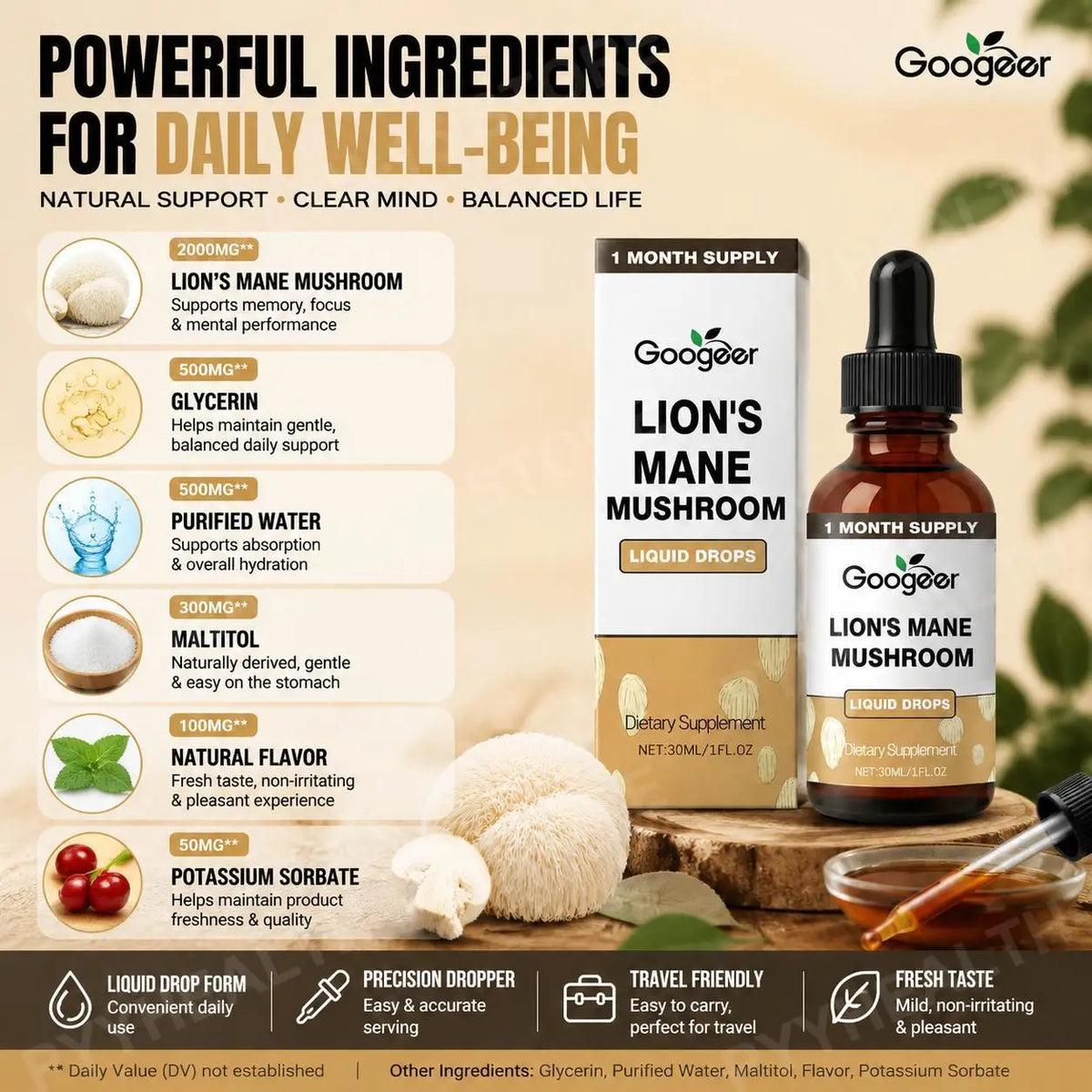 Lion's Mane Mushroom Liquid Drops 30ml – Vegan Non-GMO Extract Herbal Supplement Drops Qst