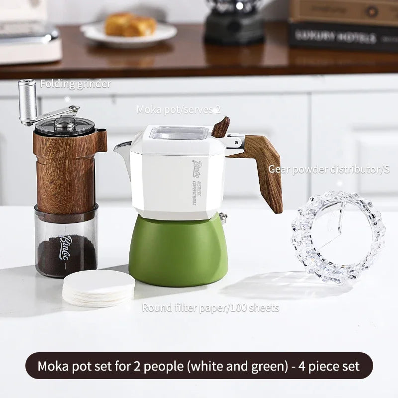 BINCOO 2-Cup Double Valve Moka Pot – Italian Espresso Maker Moka Pot Qst White Green-4pcs