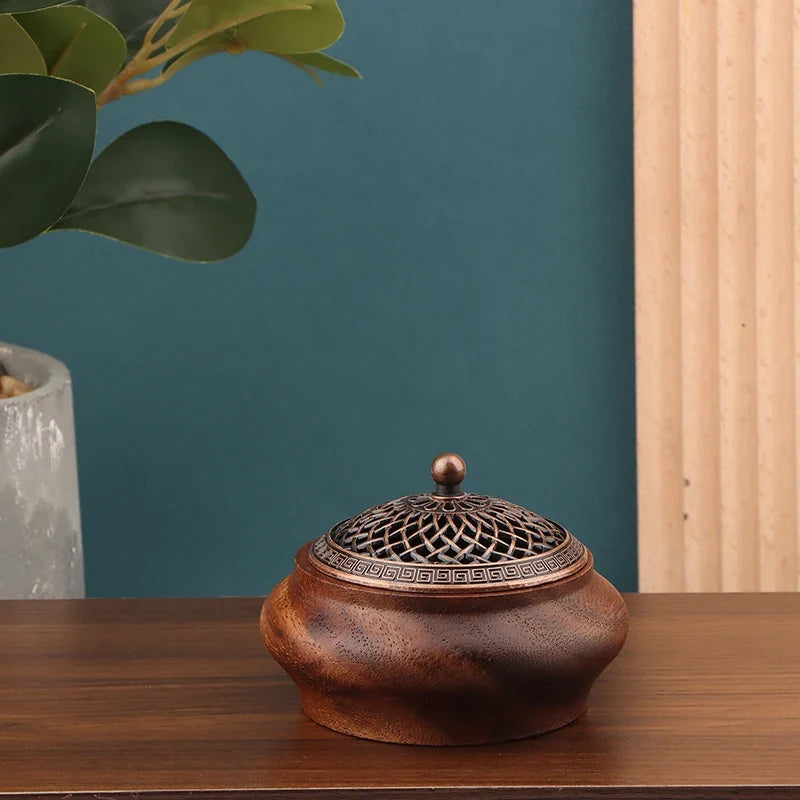 Walnut Retro Round Incense Burner – Solid Wood-Look Home Decor Incense Burner Qme Default Title