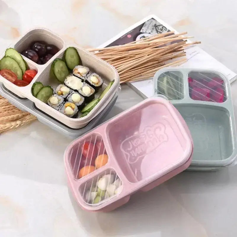 Wheat Straw Lunch Box 3-Grid Microwave Safe | Portable Lunch Box Qme