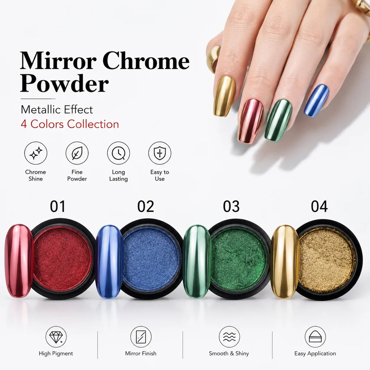 4-Color Metallic Mirror Nail Powder – DIY Chrome Nail Art Set Mirror Nail Powder Qme