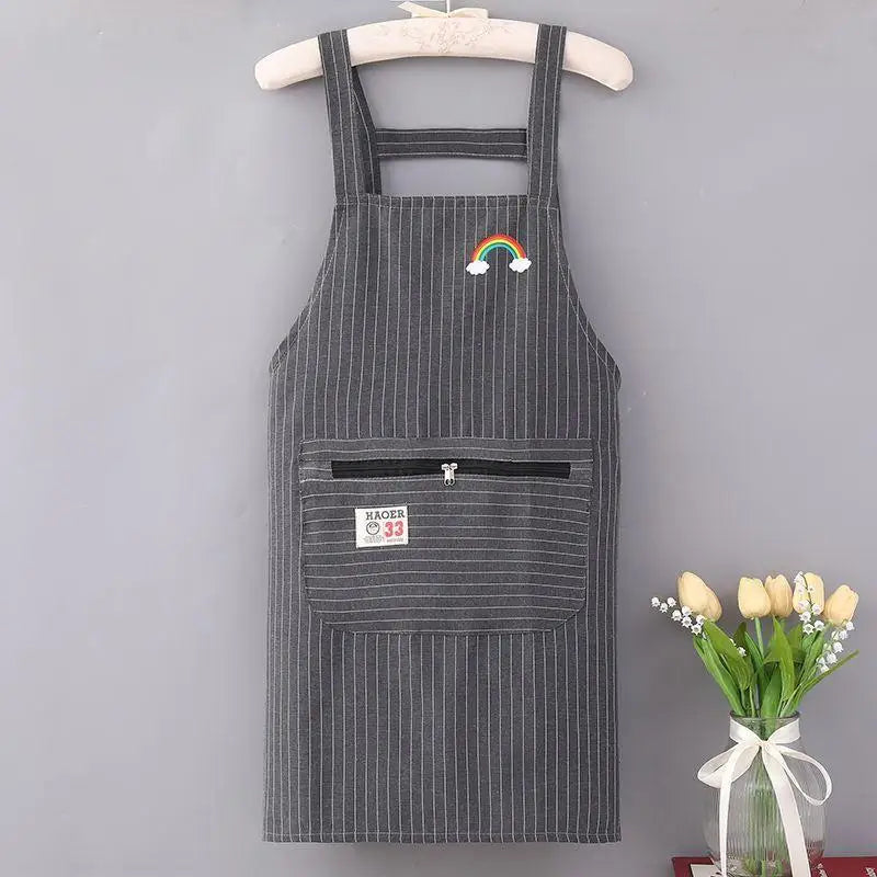 Striped Linen-Cotton Apron – Zippered, Oil-Resistant & Breathable Kitchen Apron Qst Gray