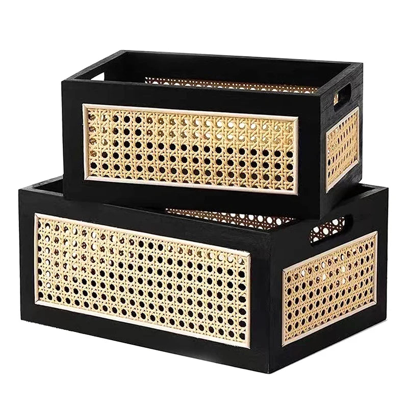 Wood Rattan-Style Organizer Basket Box | Home Decor Storage Decorative Storage Basket Qme