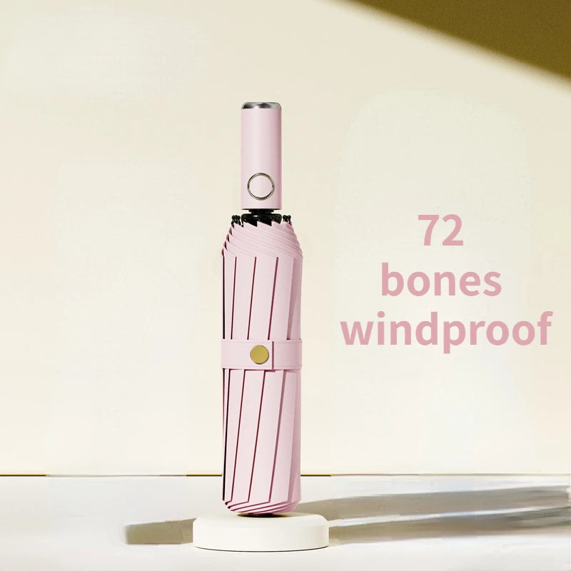72-Bone Windproof Auto Folding Umbrella – UV & Rain Shield Folding Umbrella Qst Pink 12K Iron