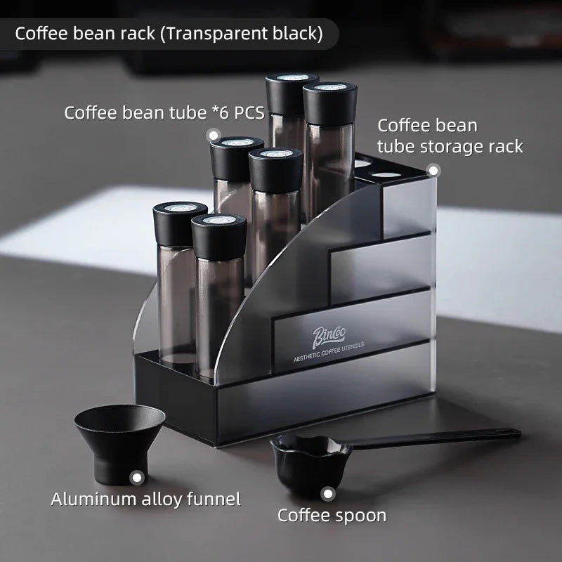 BINCOO Single Dose Coffee Bean Storage Tubes – 6-Tube Shelf Set Coffee Bean Storage Set Qst clear black set