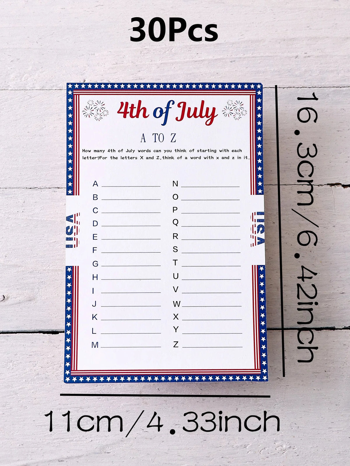 Independence Day A–Z Game Cards with Star Borders | Qme Party Game Cards Qme White-30Pcs