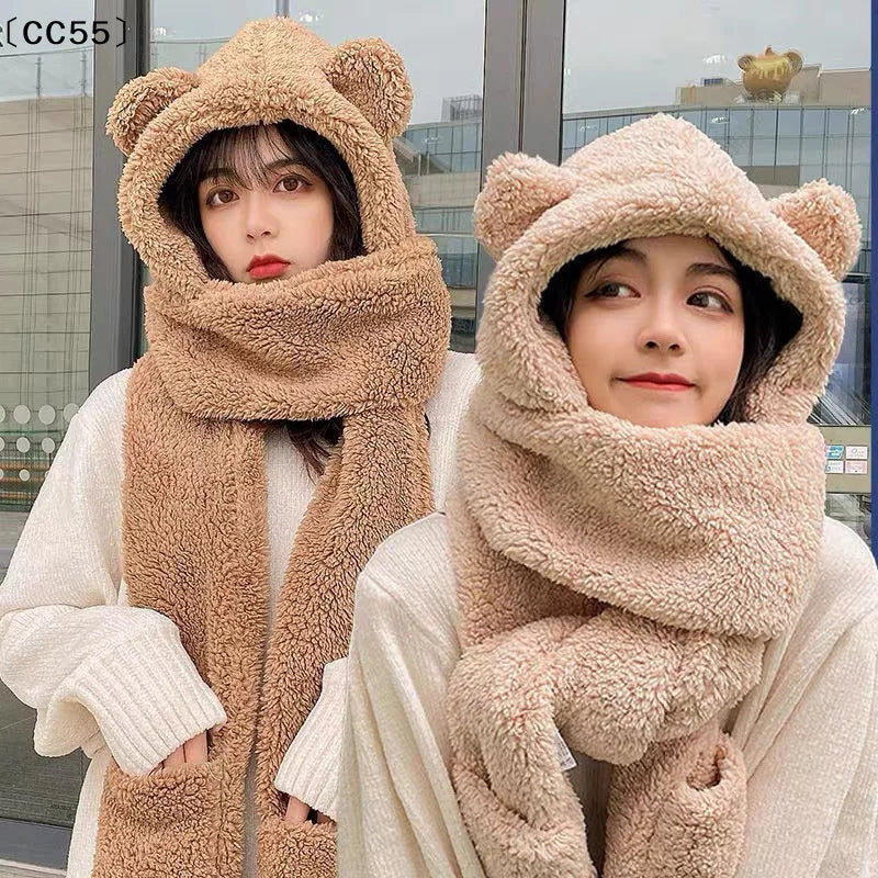 Cute Bear Ear Beanie Hat – Women's Plush Warm Winter Cap Winter Beanie Hat Qst