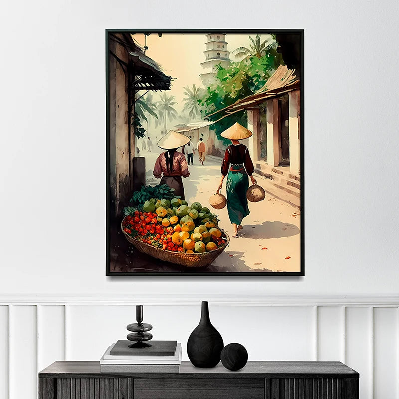 Vietnamese Village Canvas Wall Art – Vintage Watercolour Print Canvas Wall Art Qst