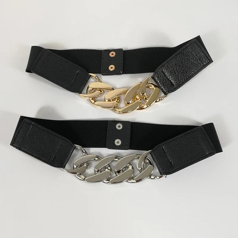 Women's Elastic Wide PU Leather Chain Buckle Rivet Belt Wide Fashion Belt Qme