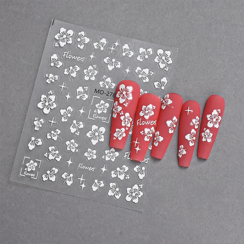 5D Embossed Flower Nail Stickers – Floral Petal Designs Nail Art Stickers Qst White
