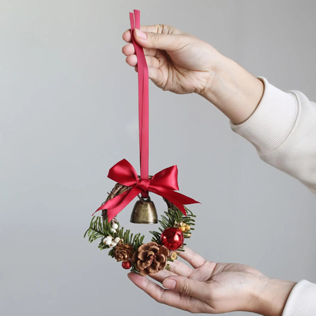 Christmas Mini Wreath with Bell & Bow – Artificial Holiday Decor Christmas Wreath Decor Qme
