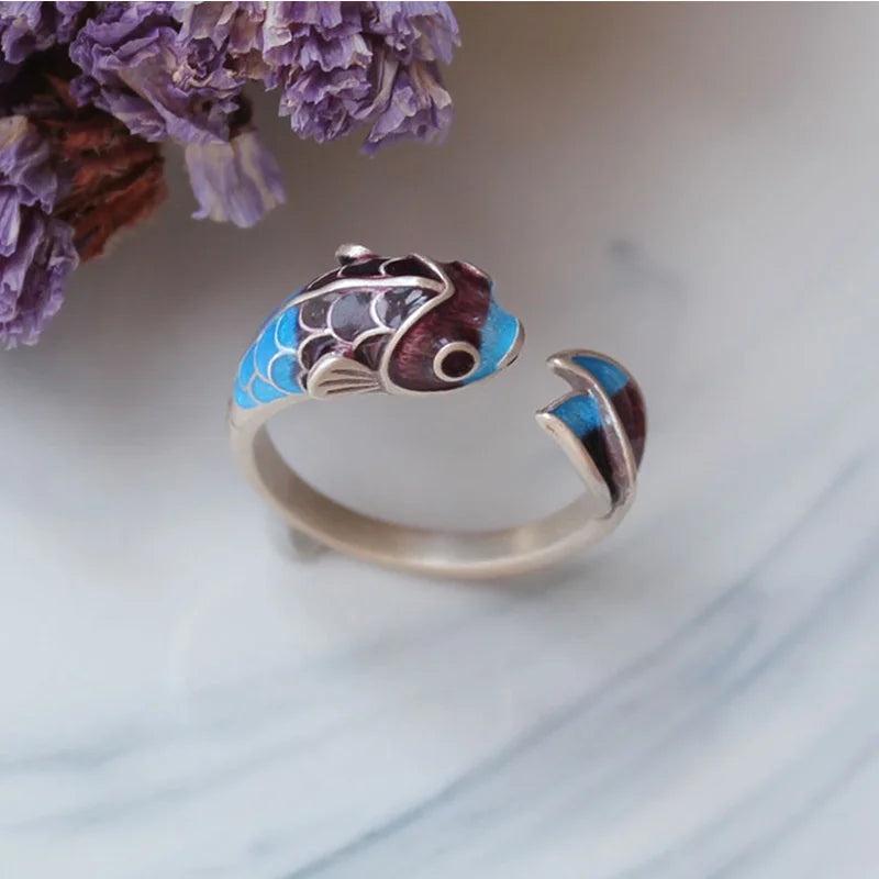Vintage Koi Fish Open Ring – Adjustable Lucky Ring for Women Fashion Ring Qme Koi carp China Mainland resizable