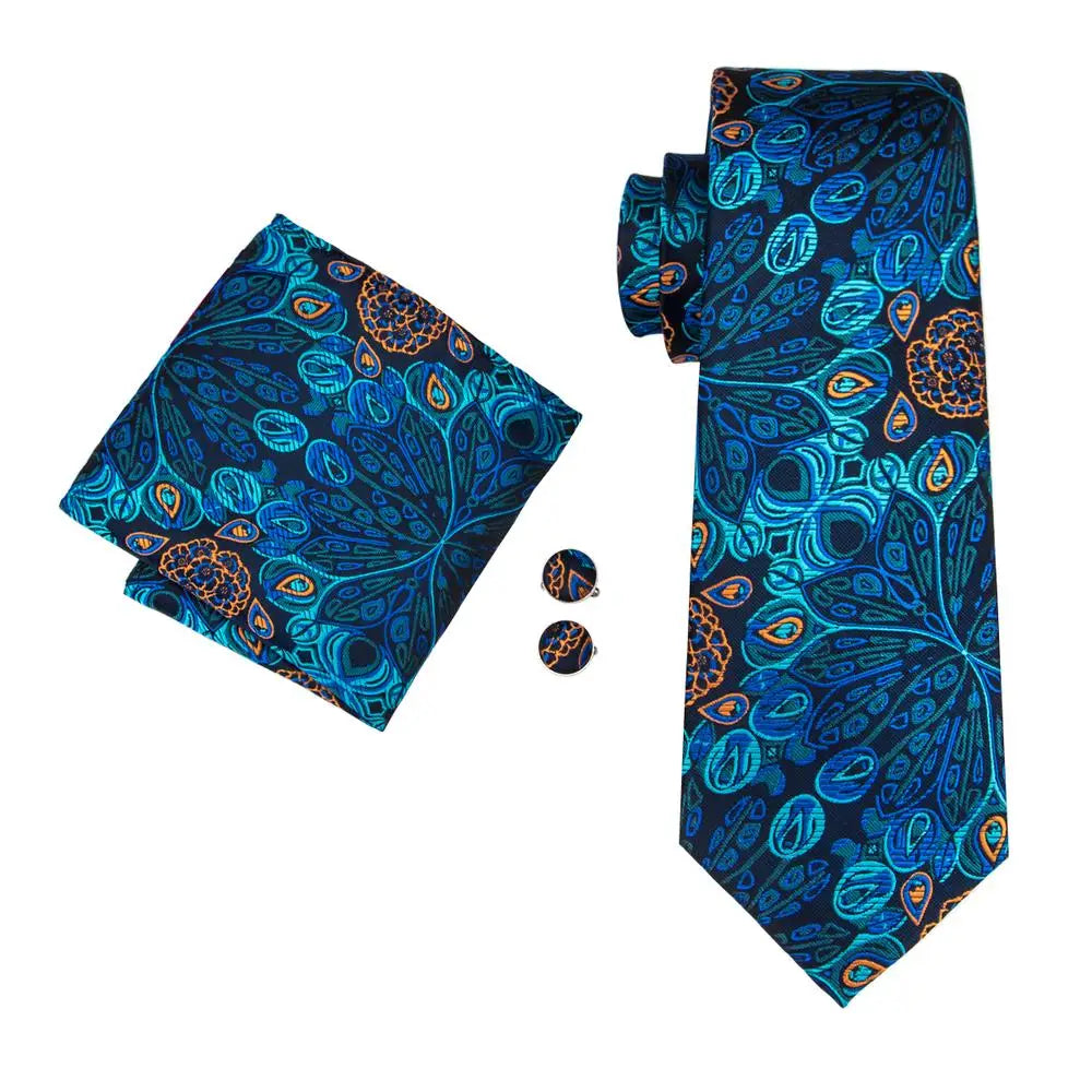 Jacquard Peacock Blue Wedding Tie, Hanky & Cufflinks Set Necktie Gift Set Qme