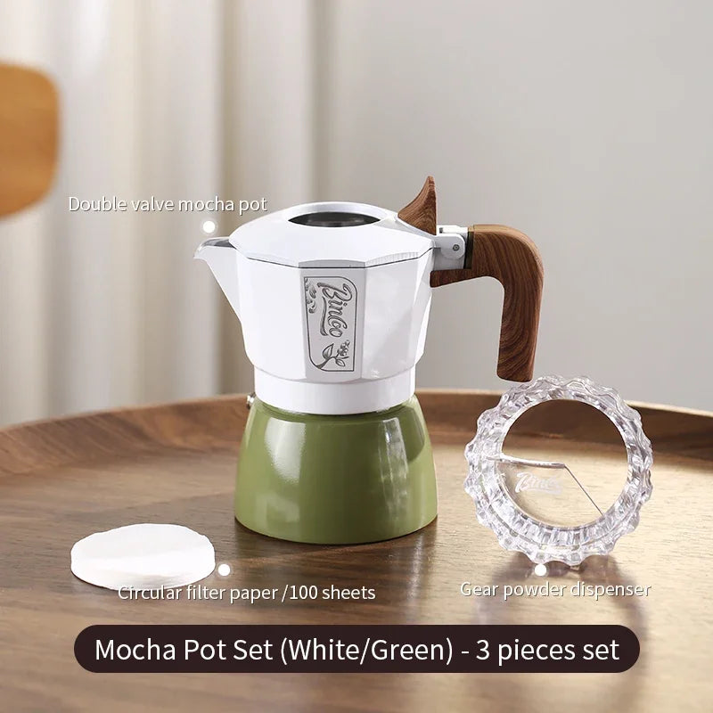Bincoo 6-Color Moka Pot 2-Valve Espresso Starter Kit Stovetop Espresso Maker Qst White Green 3pcs