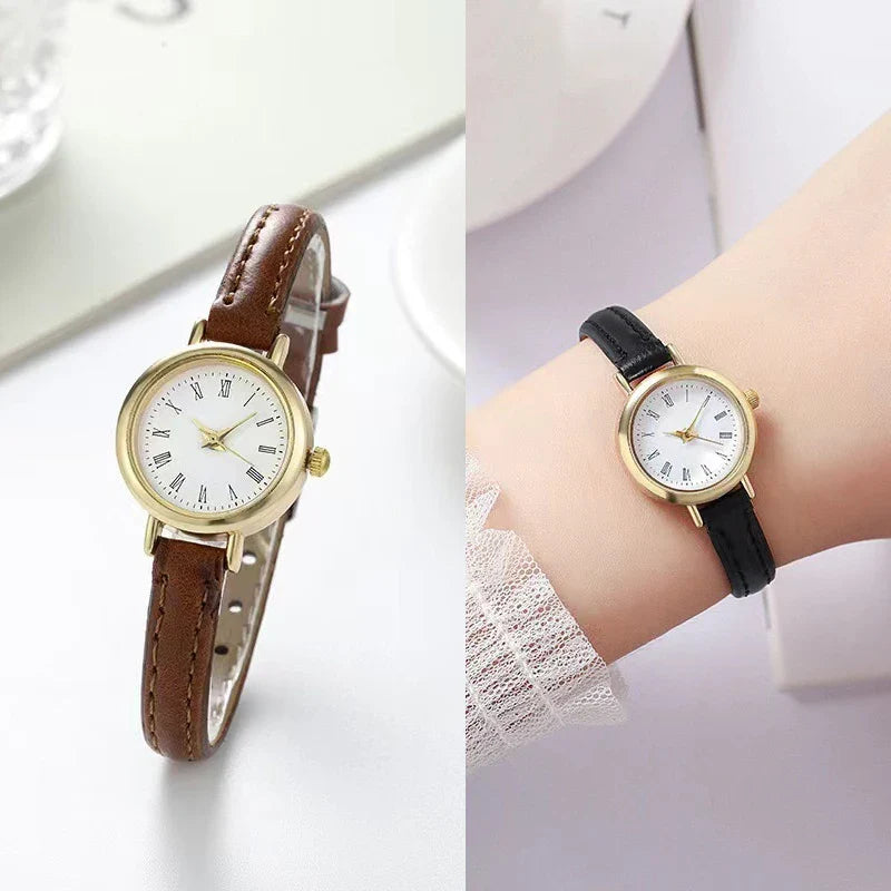 Retro Roman Numeral Round Gold Watch | Soft Leather Band Leather Strap Watch Qme