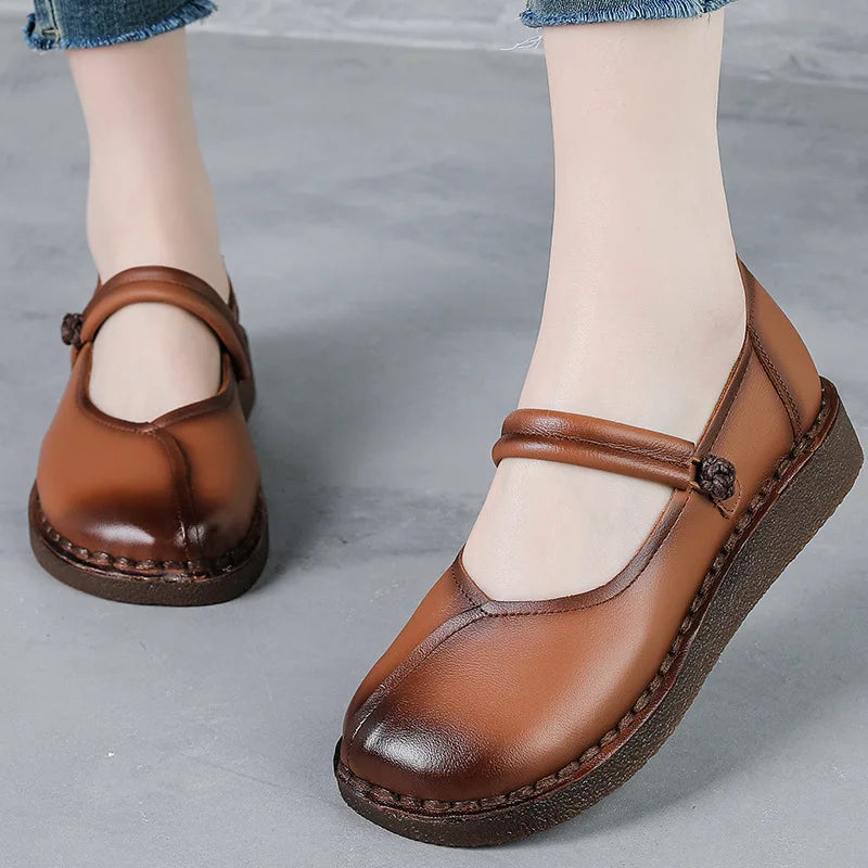 Women's Wide Toe Genuine Leather Strappy Flat Shoes | Mary Jane Leather Flat Shoes Qst