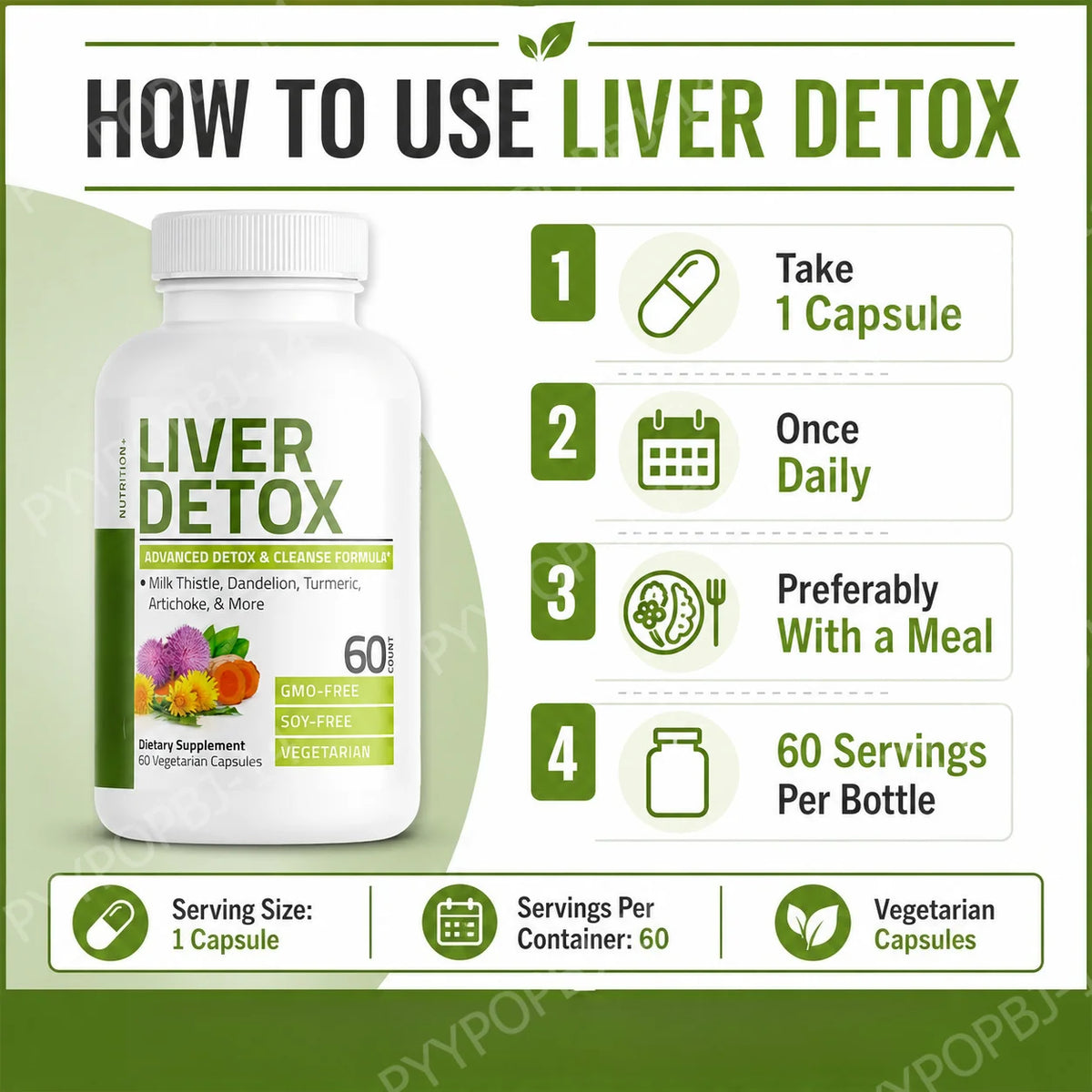 Liver Detox 60 Capsules – Milk Thistle & Dandelion Extract Herbal Supplement Qst