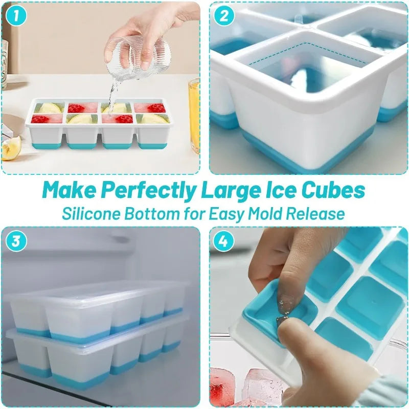 8-Grid Silicone Ice Cube Tray with Lid – Large Square Easy Release Silicone Ice Cube Tray Qme