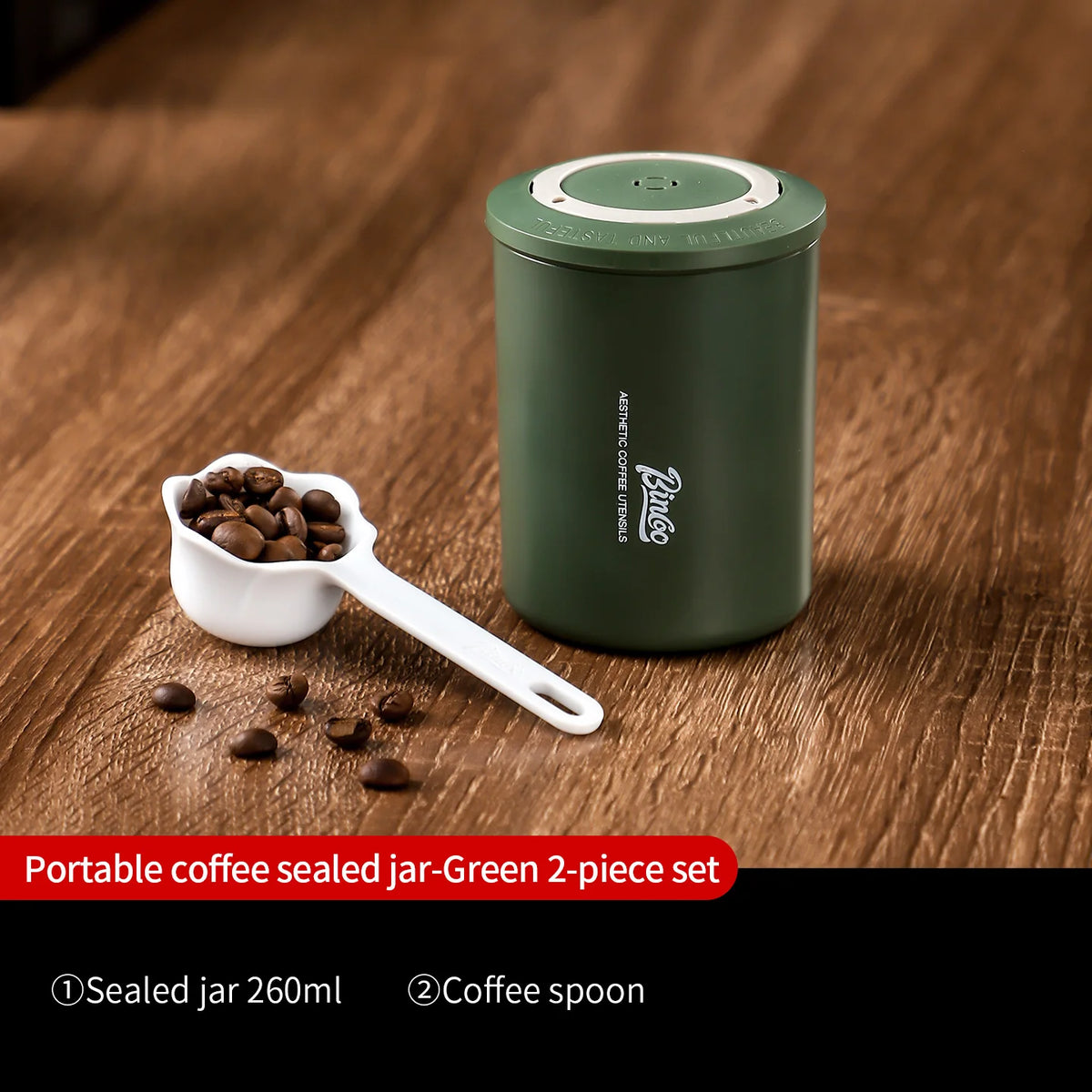 Bincoo Mini Airtight Coffee Bean Storage Jar – Travel Tin Coffee Storage Jar Qst Green spoon 2pcs