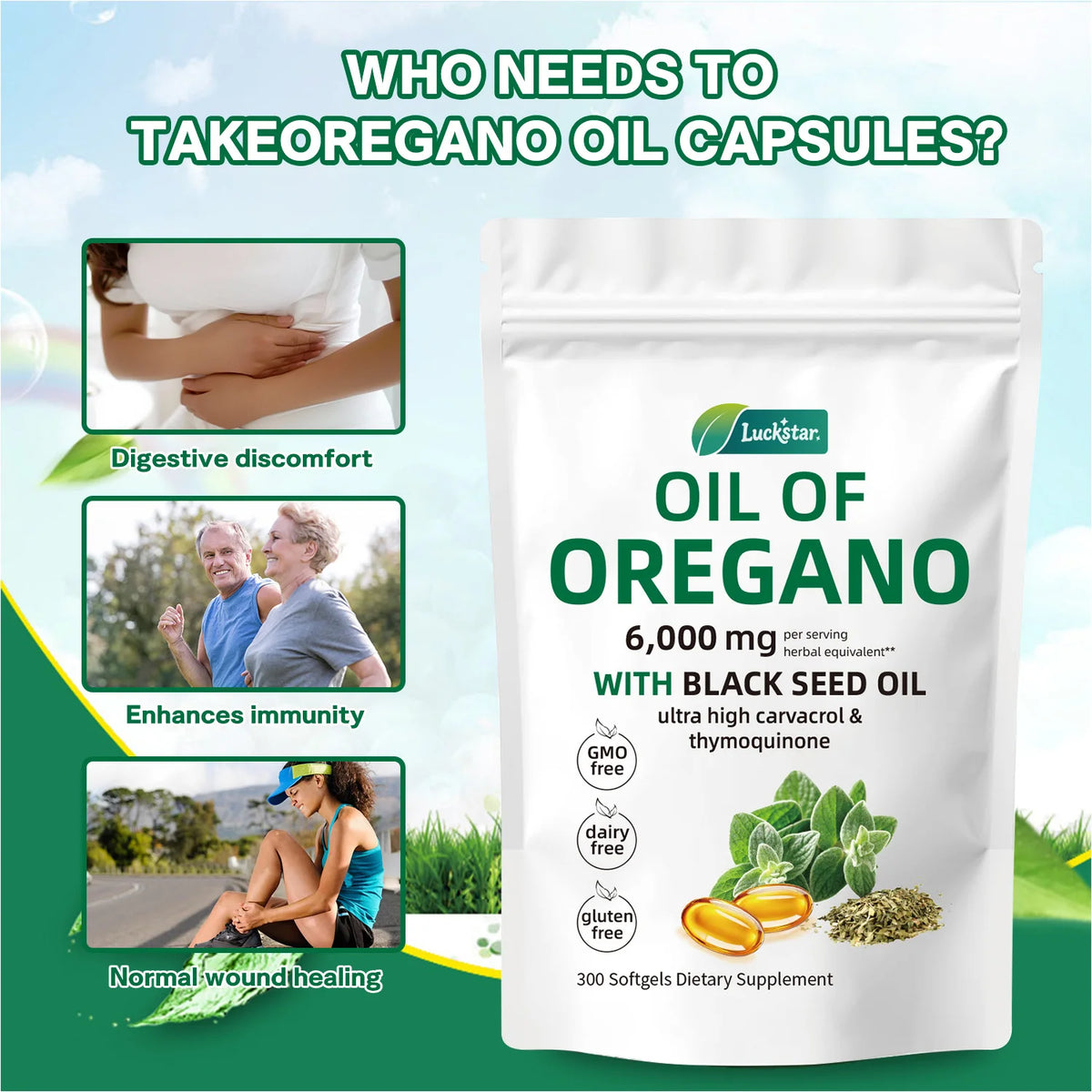 Oil of Oregano 300 Softgels 6000mg + Black Seed Oil Supplement Herbal Supplement Softgels Qst