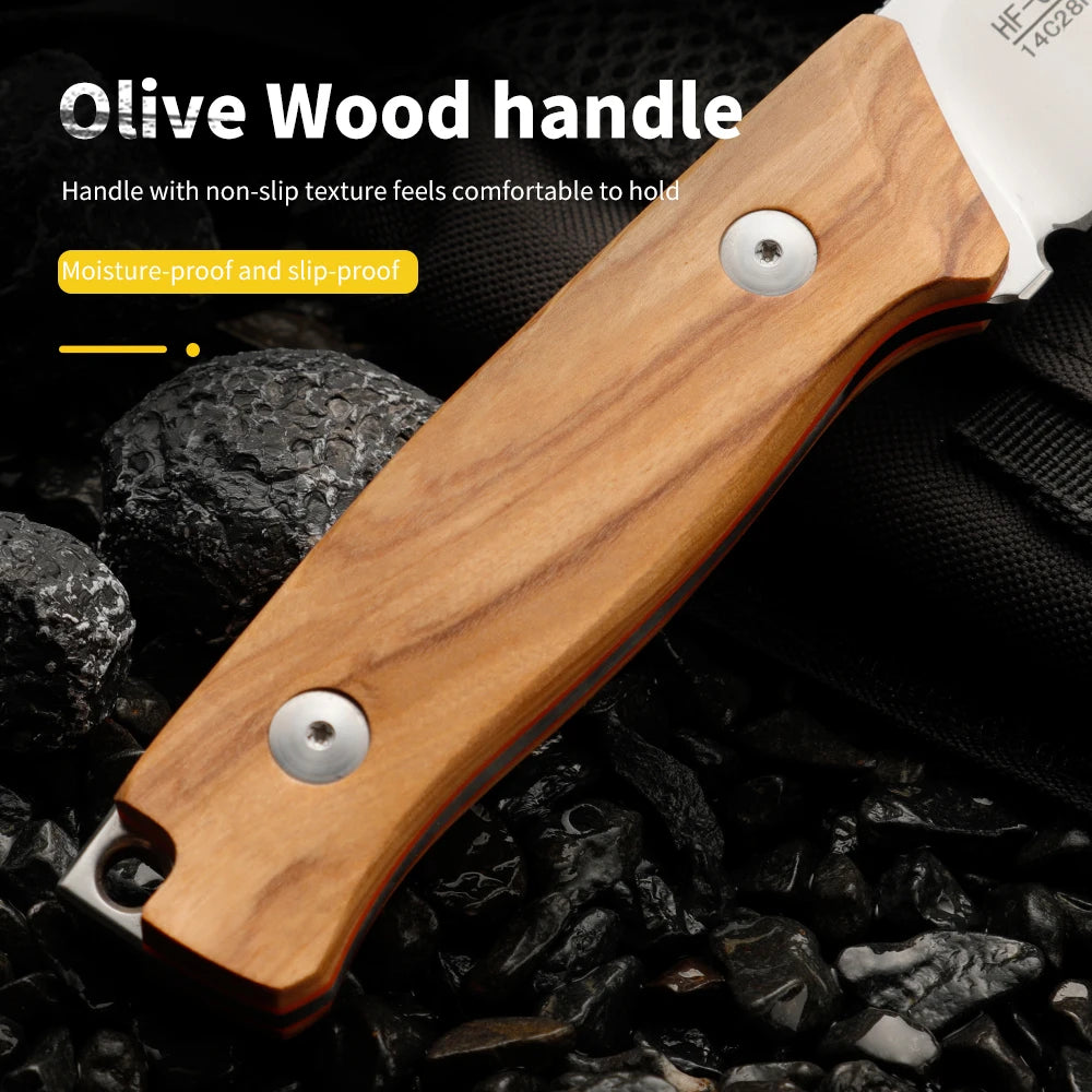 HUANGFU Fixed Blade Camping Knife – Steel & Wood Handle + Sheath Fixed Blade Knife Qst