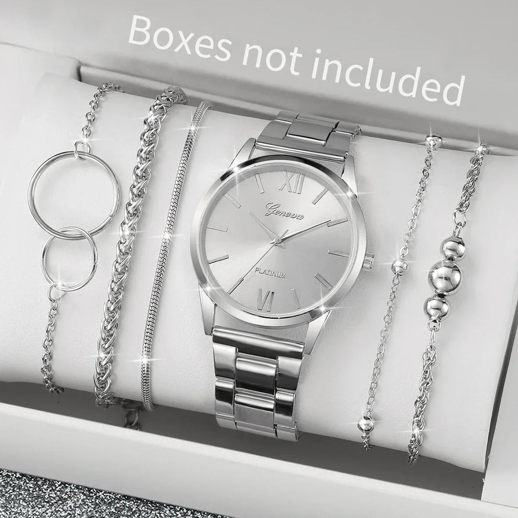 Women's Roman Dial Quartz Watch & Silver Alloy Bracelet Set Quartz Watch Set Qme Silver