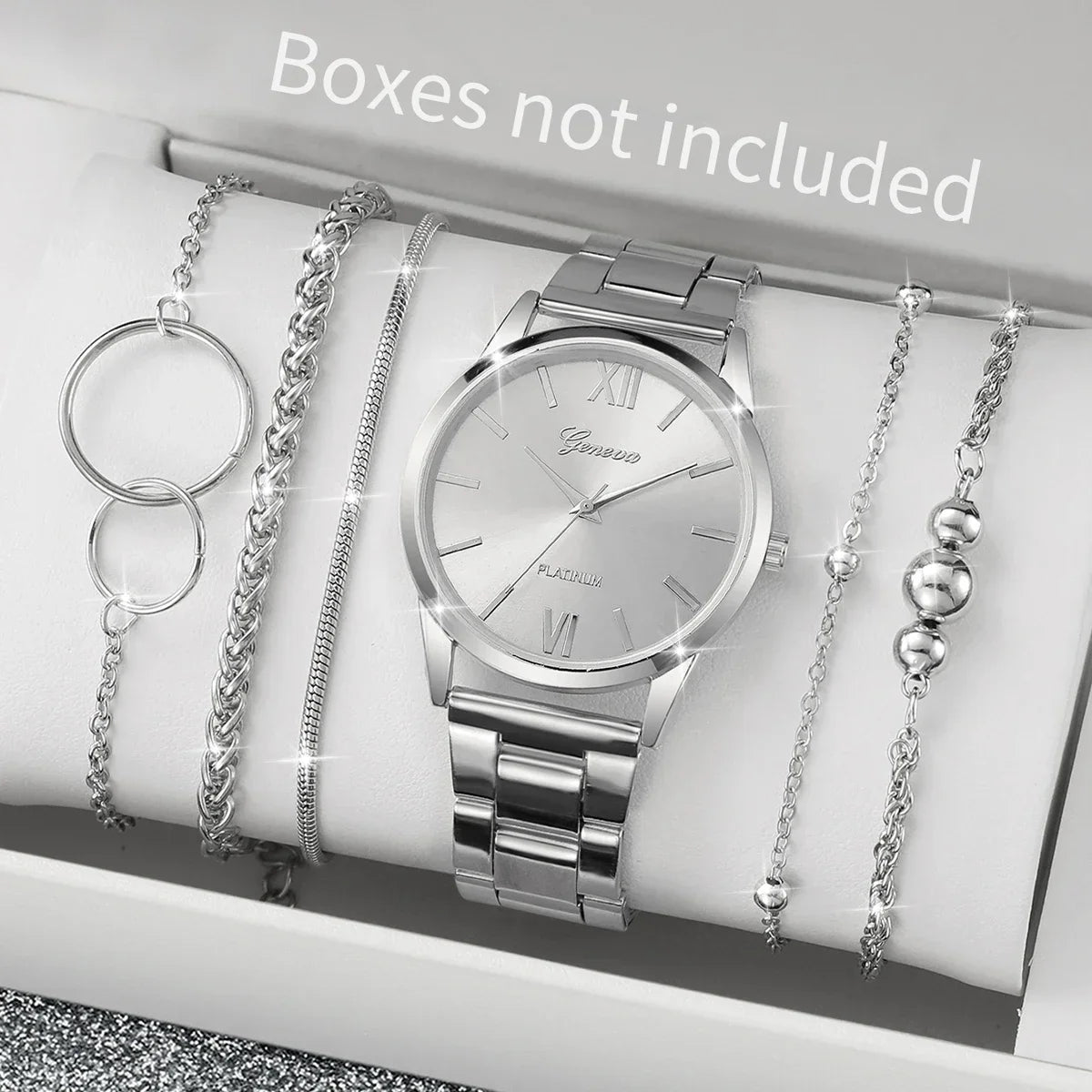 Women's Roman Dial Quartz Watch & Silver Alloy Bracelet Set Quartz Watch Set Qme Silver