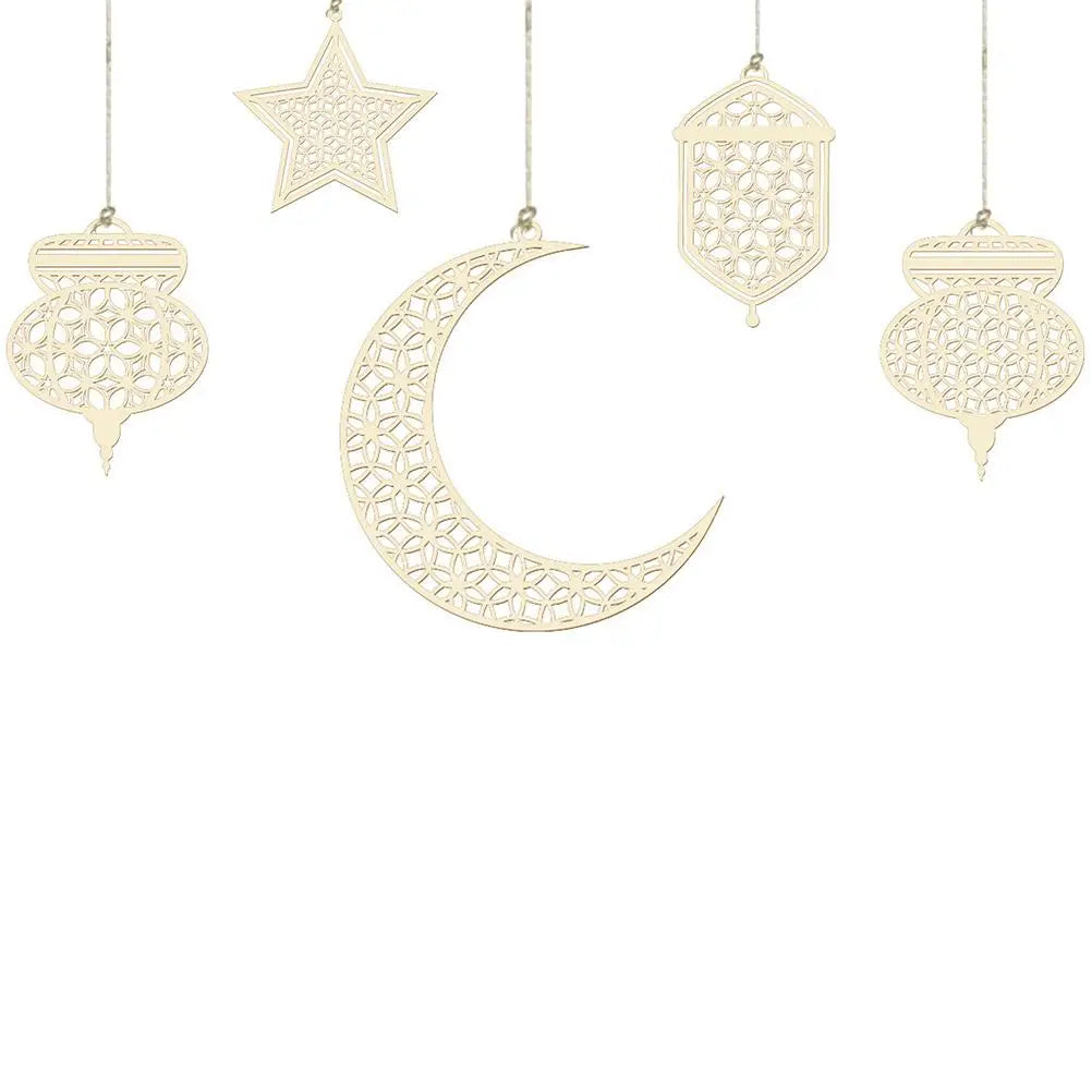 Wooden Moon Star Ramadan Eid Mubarak Hanging Ornaments DIY Hanging Ornaments Qme 5PCS