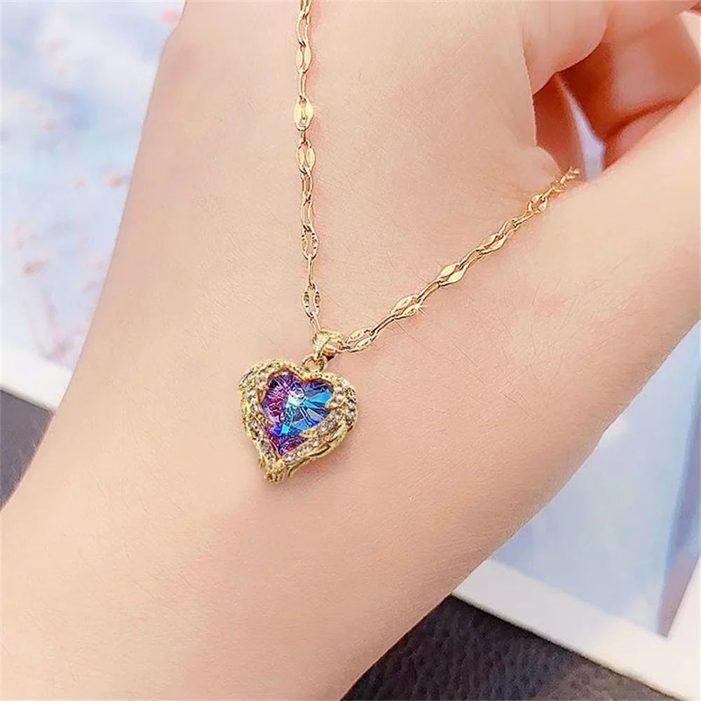 Blue Purple Crystal Ocean Heart Necklace – Sparkling Luxury Crystal Pendant Necklace Qme