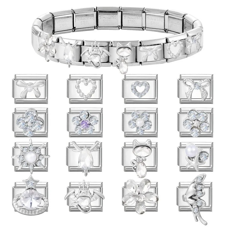 Shiny CZ Charm Bracelet – Heart, Cat, Bow & Wing Links Charm Bracelet Qme