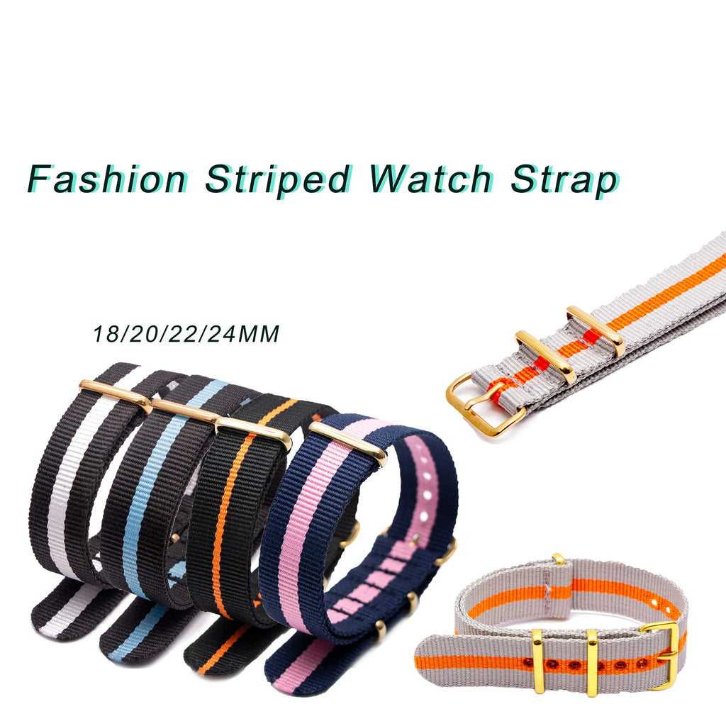 Striped Nylon Watch Strap Gold Square Buckle | 18–24mm Watch Strap Qme