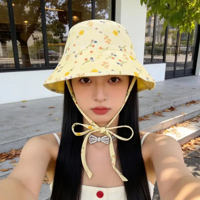 Women's Floral Double-Sided Bucket Hat – Wide Brim Sun Hat Bucket Hat Qst Yellow