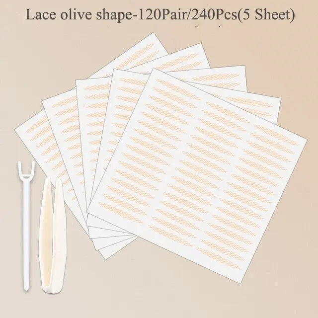 Qme Double Fold Eyelid Tape – Clear Beige Lace Stripe 240pc Eyelid Tape Sticker Qme Lace Olives 240Pcs