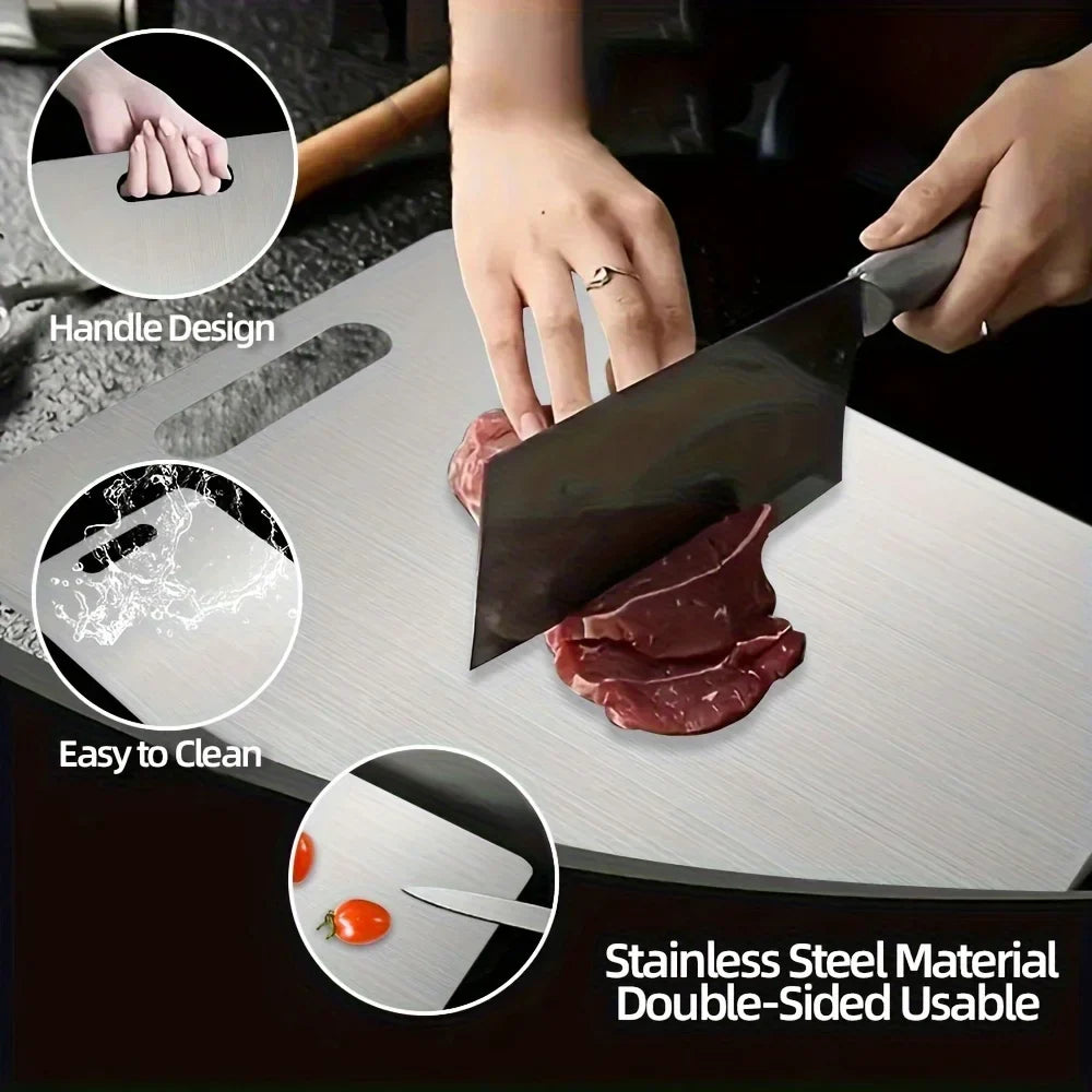 Stainless Steel Cutting Board with Double-Sided Handle | Qme Stainless Steel Cutting Board Qme