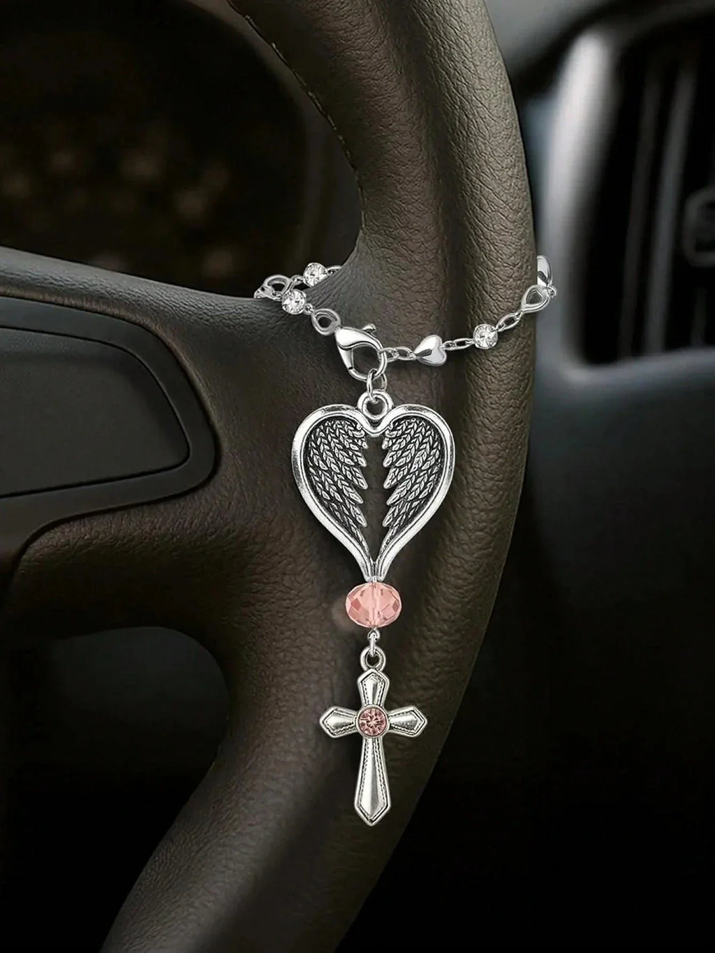 Heart-Shaped Crystal Cross Car Steering Wheel Pendant Car Interior Pendant Qme