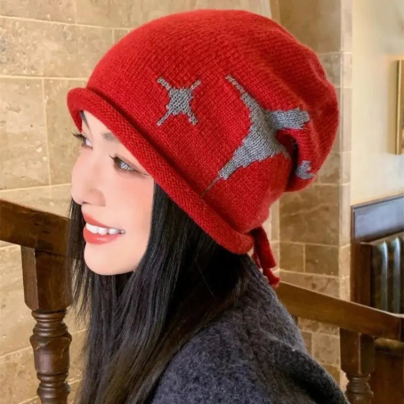Star Pattern Drawstring Knit Beanie – Women's Winter Hat Knit Beanie Hat Qst