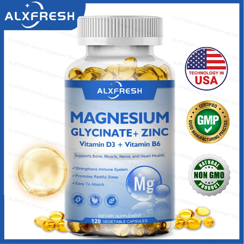 Magnesium Glycinate 500mg with D3, B6 & Zinc | ALXFRESH Magnesium Supplement Qst