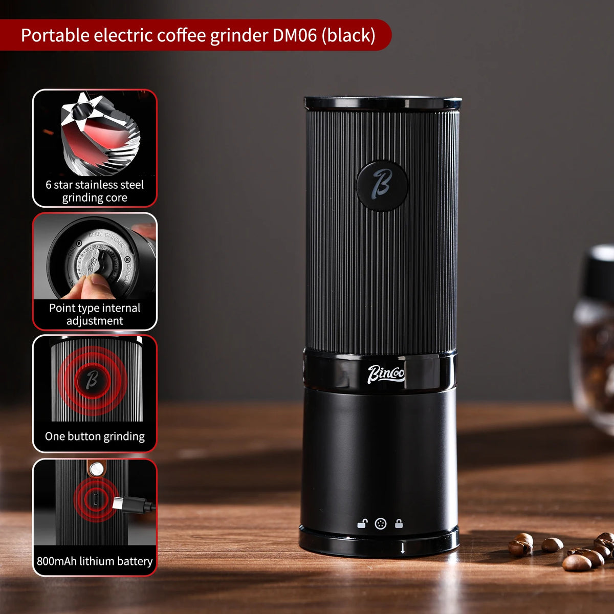 Bincoo BC-DM06 Portable Rechargeable Electric Coffee Grinder Electric Coffee Grinder Qst black
