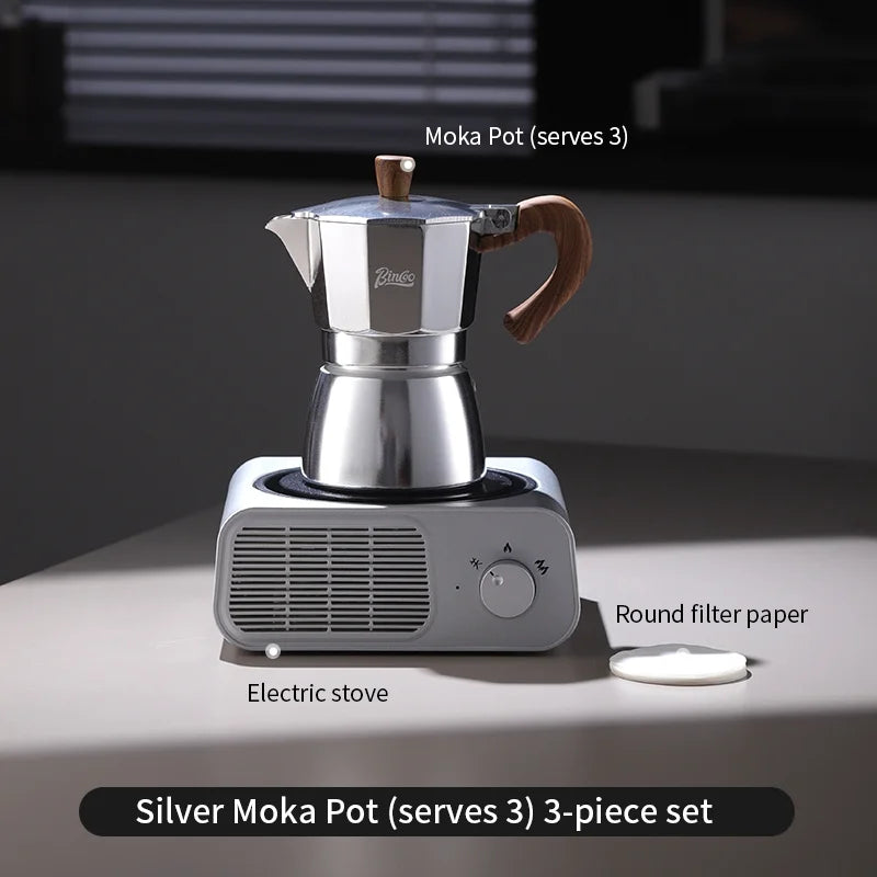 BINCOO Moka Pot Kit – Electric Heater & Manual Grinder Moka Pot Bundle Qst 3pcs Set-3cupS