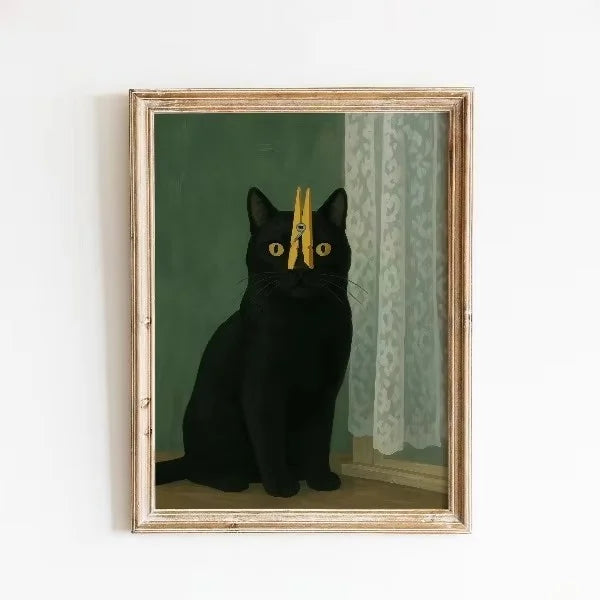 Peeping Black Cat Canvas Wall Art – Funny Minimalist Poster