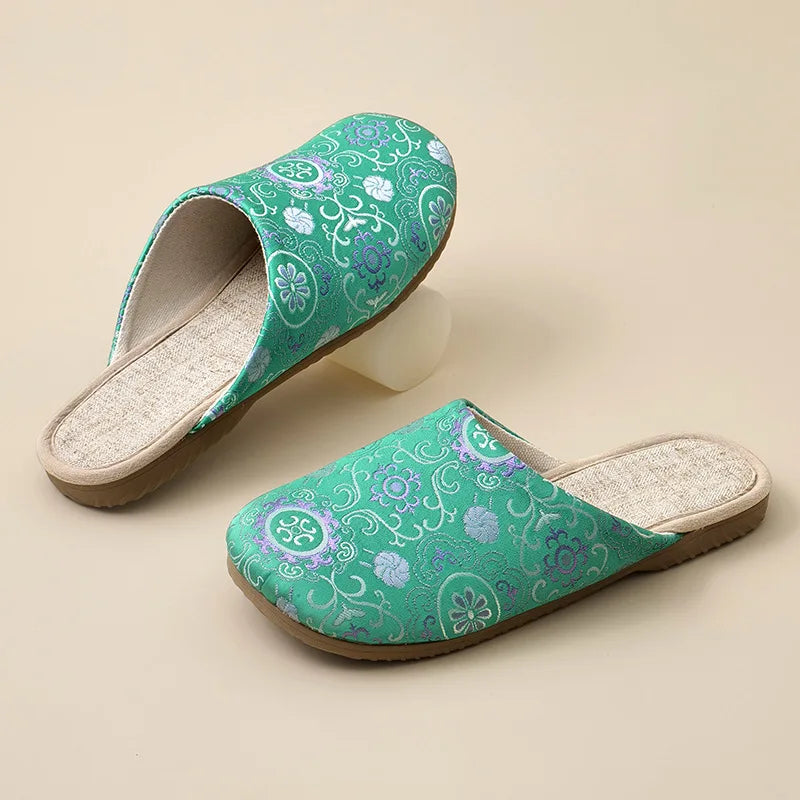 Women's Retro Floral Linen Indoor Slippers – Non-Slip Home Shoes Indoor Slippers Qst