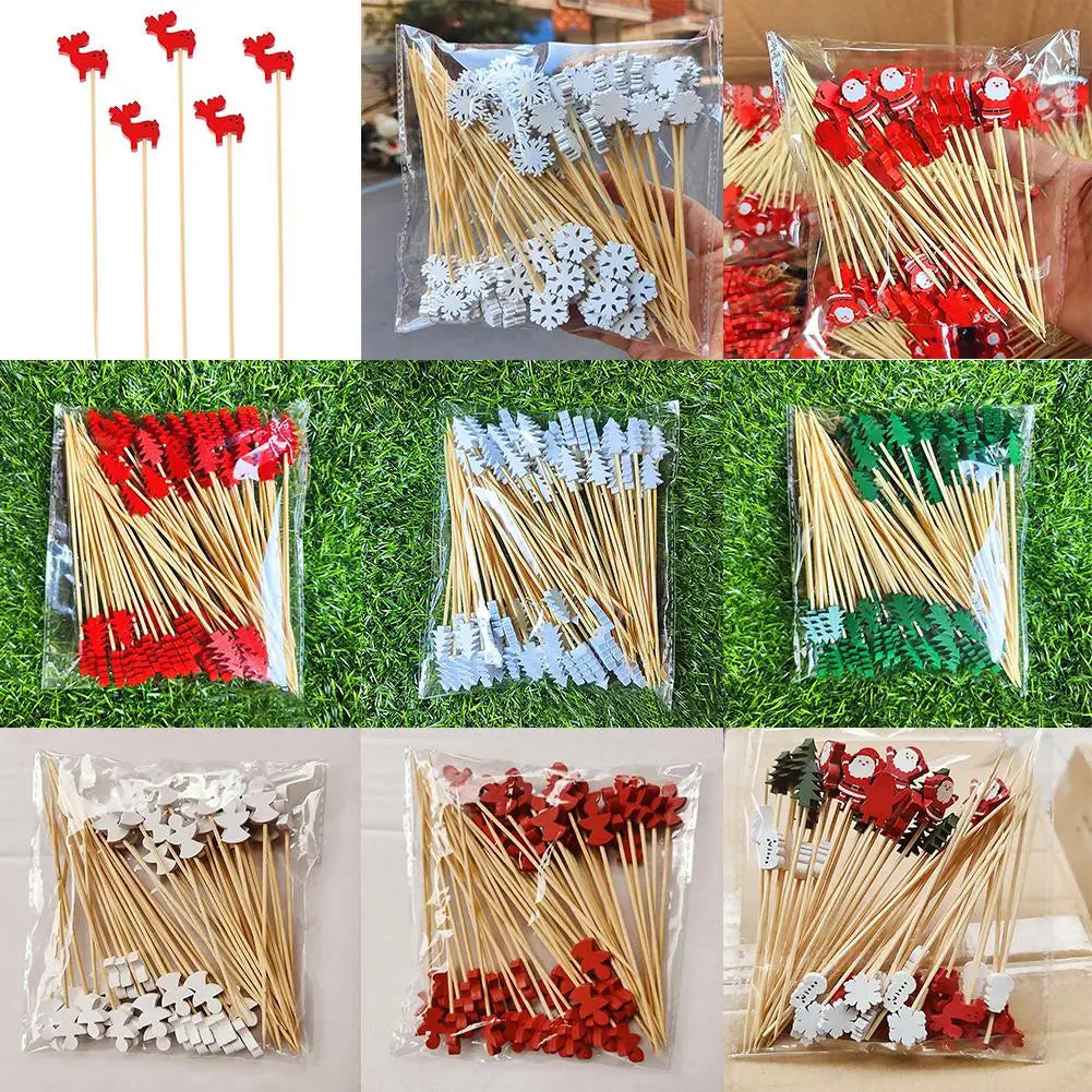 Christmas Bamboo Fruit Picks – Snowflake Santa Elk 50pcs Bamboo Food Picks Qme