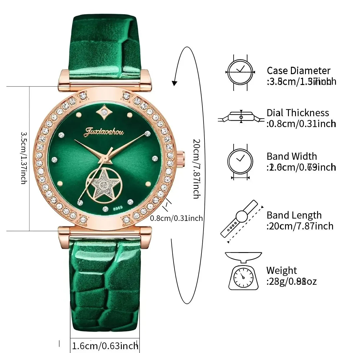 Rose Gold Green Leather Watch & Emerald Crystal Jewelry Set Women's Watch Set Qme