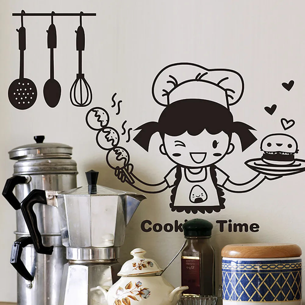 Happy Girl Chef Cooking Wall Sticker – Kitchen & Bar Decal Kitchen Wall Decal Qme
