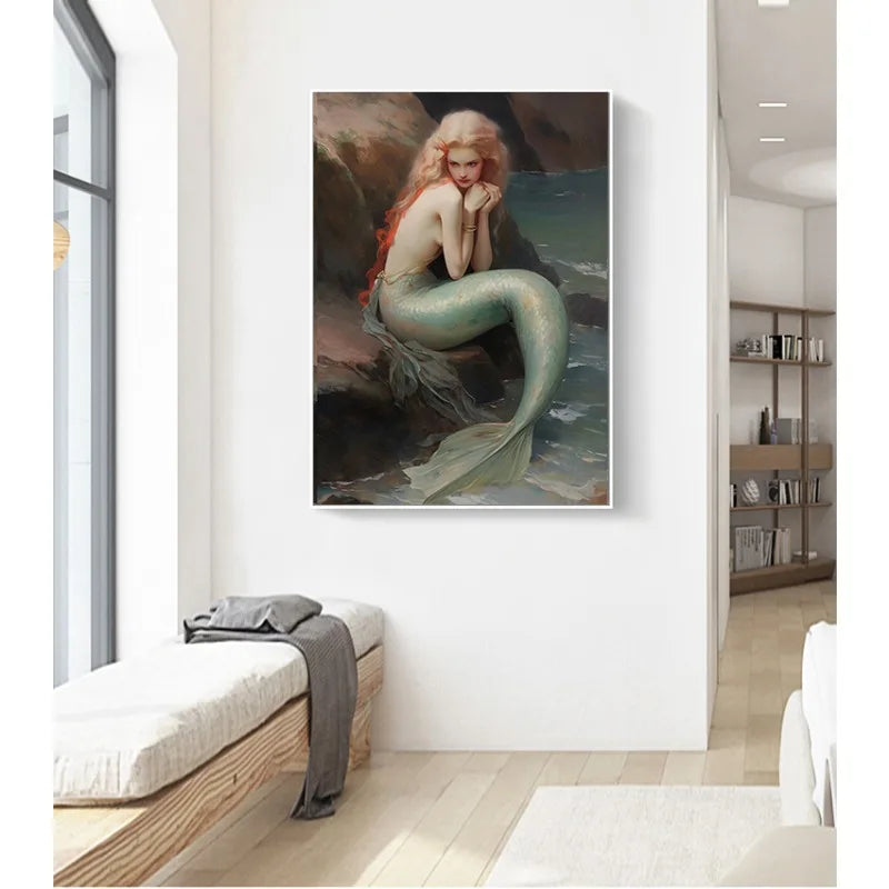 Vintage Mermaid on the Reef Canvas Wall Art Print Canvas Wall Art Qst
